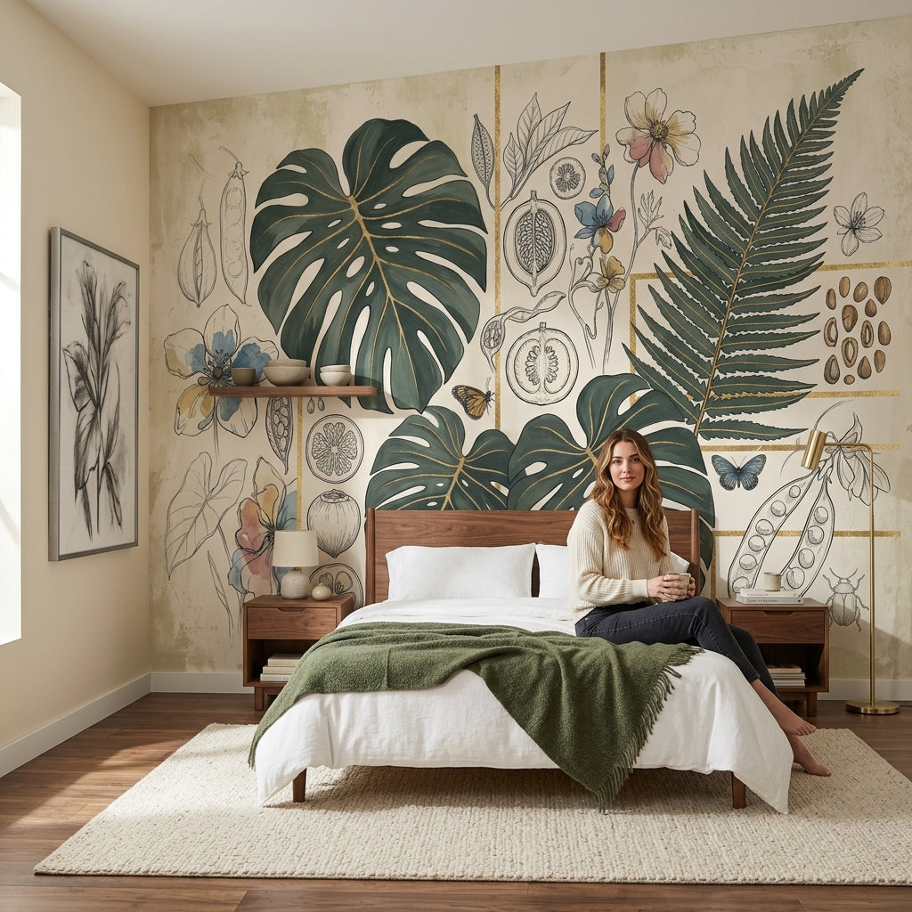 Monstera Yapraklı Poster Duvar Kağıdı Bej Yeşil Botanik Salon