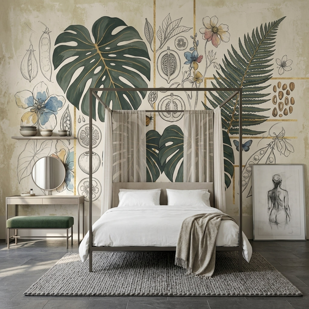 Monstera Yapraklı Poster Duvar Kağıdı Bej Yeşil Botanik Salon