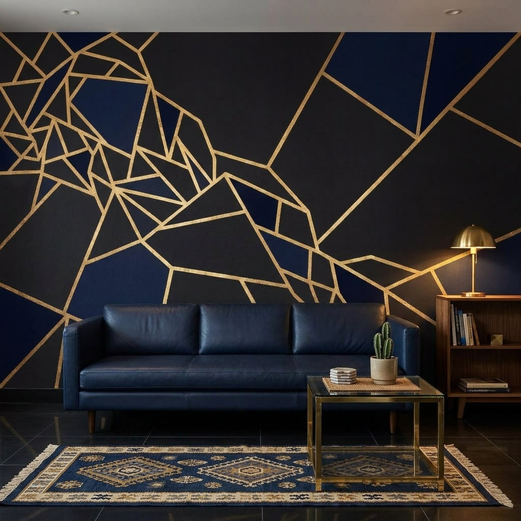 Geometrik Çizgili Poster Duvar Kağıdı Lacivert Altın Salon
