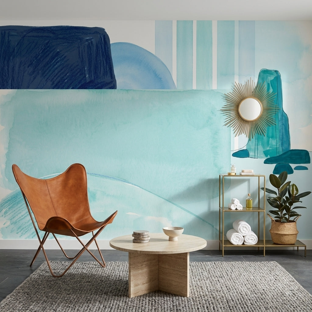 Mavi Sulu Boya Soyut Poster Duvar Kağıdı Modern Salon