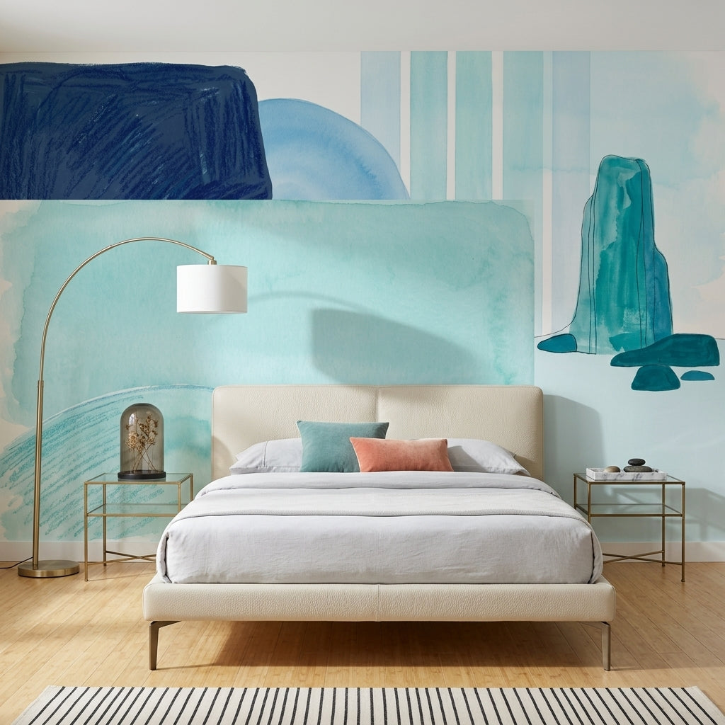 Mavi Sulu Boya Soyut Poster Duvar Kağıdı Modern Salon