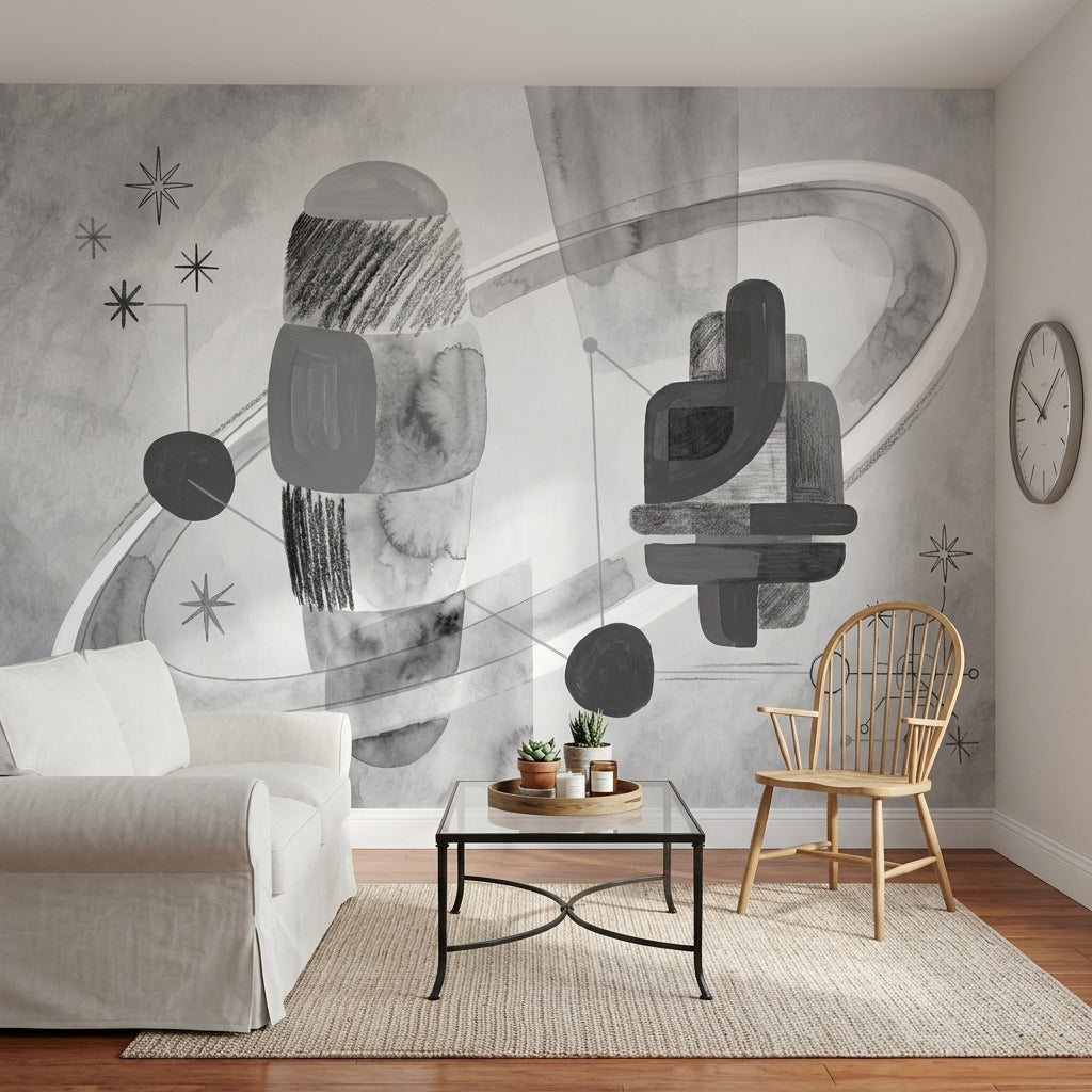 Soyut Geometrik Poster Duvar Kağıdı Gri Tonlu Salon Dekoru