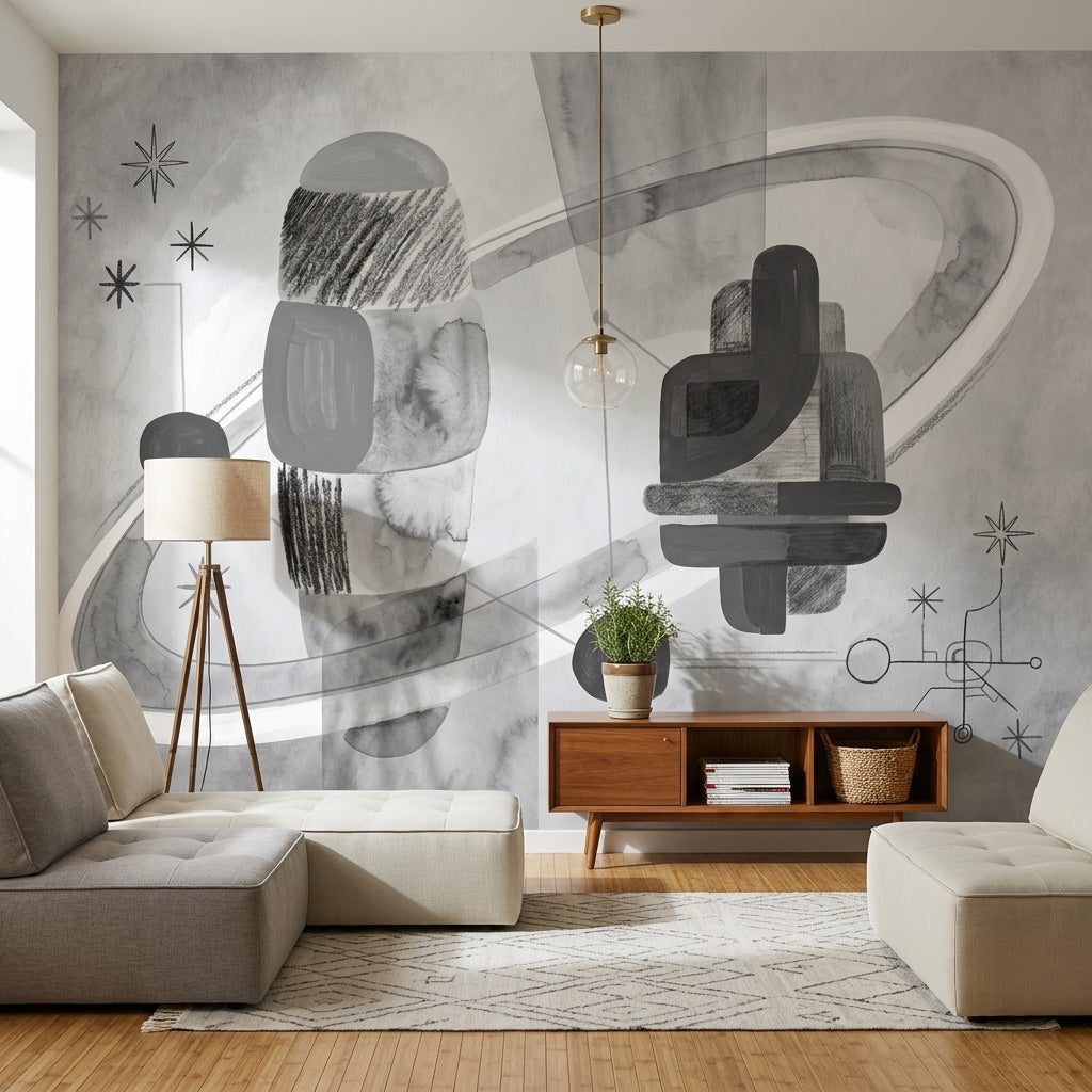 Soyut Geometrik Poster Duvar Kağıdı Gri Tonlu Salon Dekoru