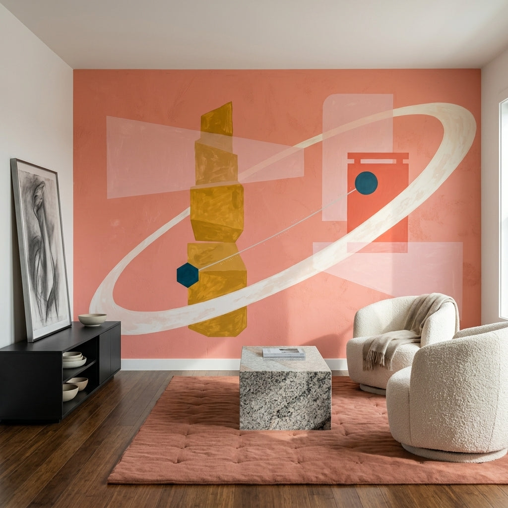 Soyut Geometrik Poster Duvar Kağıdı Somon Turuncu Salon Tasarımı