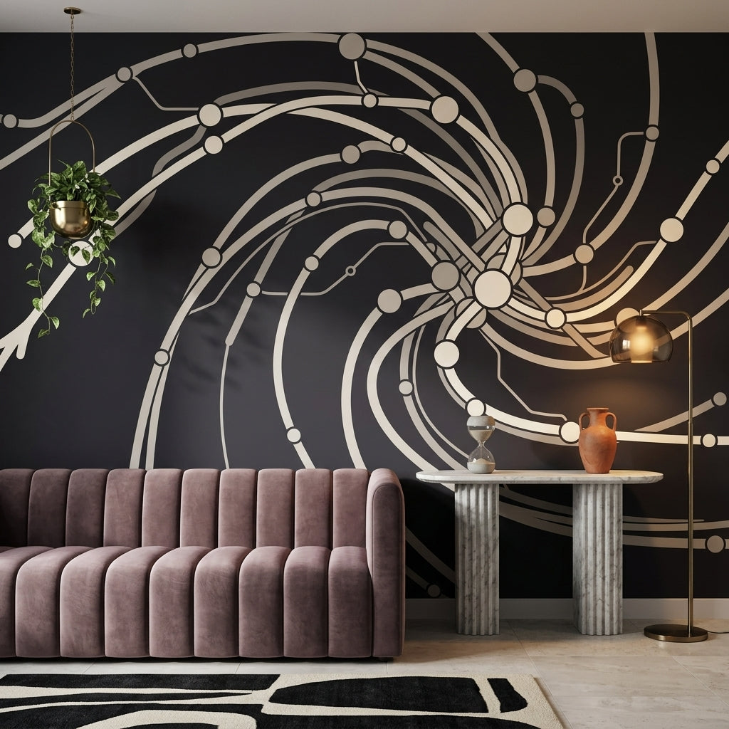 Soyut Çizgili Poster Duvar Kağıdı Siyah Krem Salon Dekoru