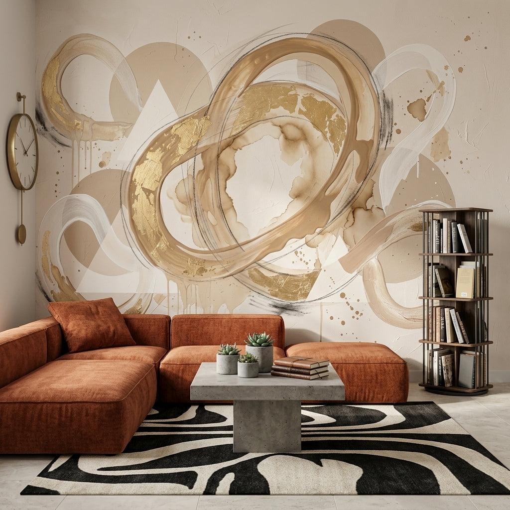 Soyut Halka Formlu Poster Duvar Kağıdı Bej Gold Salon