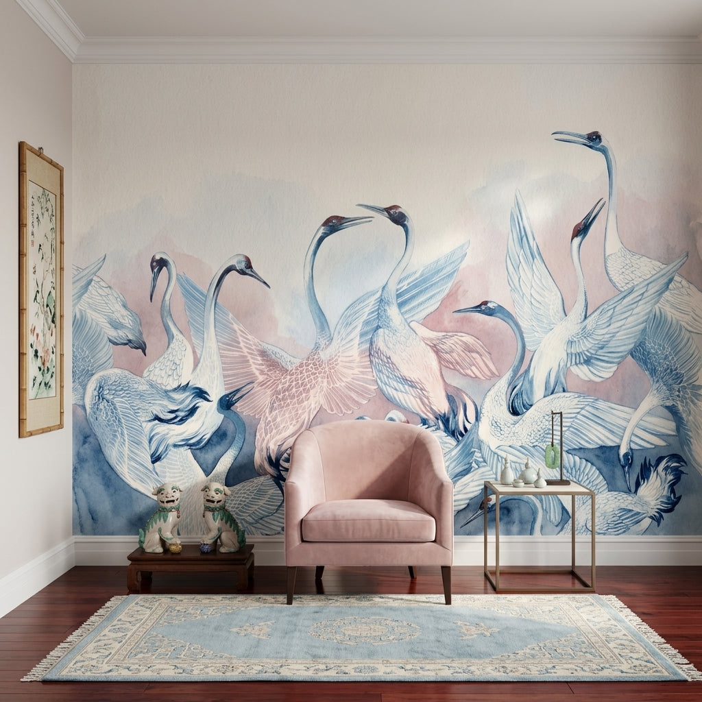 Turna Kuşları Poster Duvar Kağıdı Pastel Mavi Duvar Dekoru