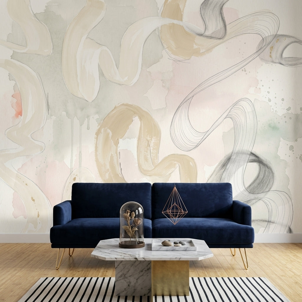 Soyut Suluboya Poster Duvar Kağıdı Pastel Bej Gri Salon
