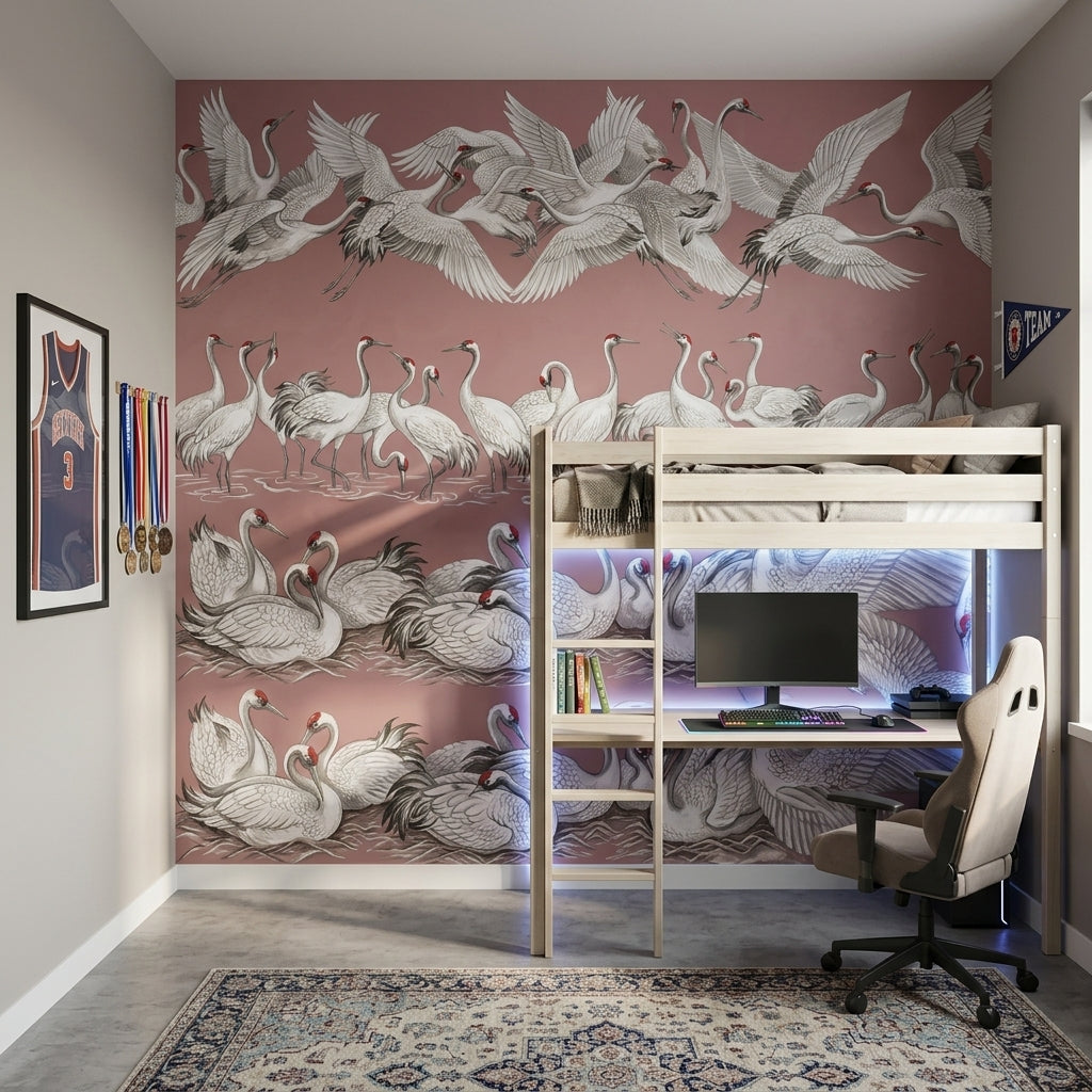 Turna Kuşları Poster Duvar Kağıdı Pembe Zemin Salon