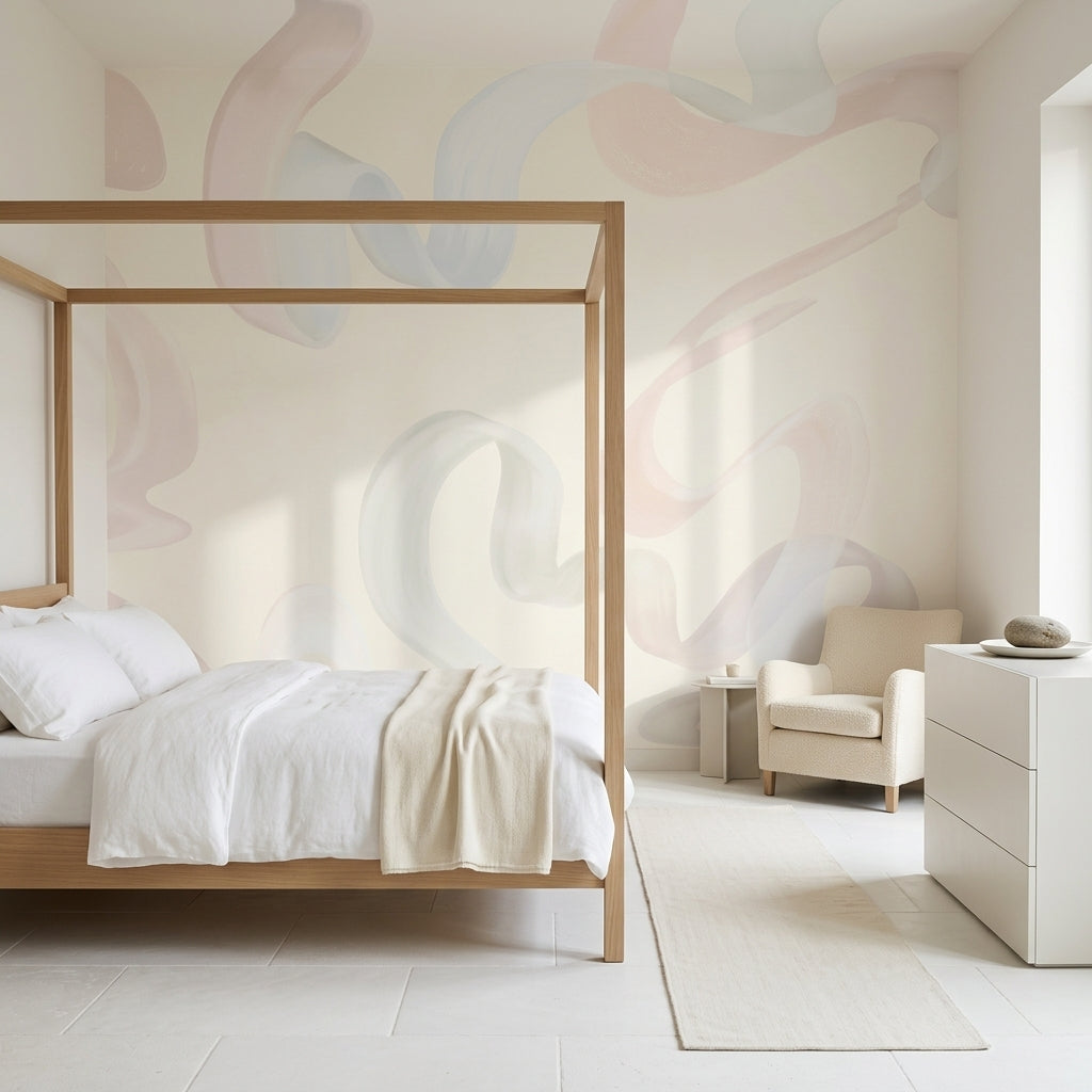 Pastel Soyut Dalgalı Poster Duvar Kağıdı Krem Salon Duvarı
