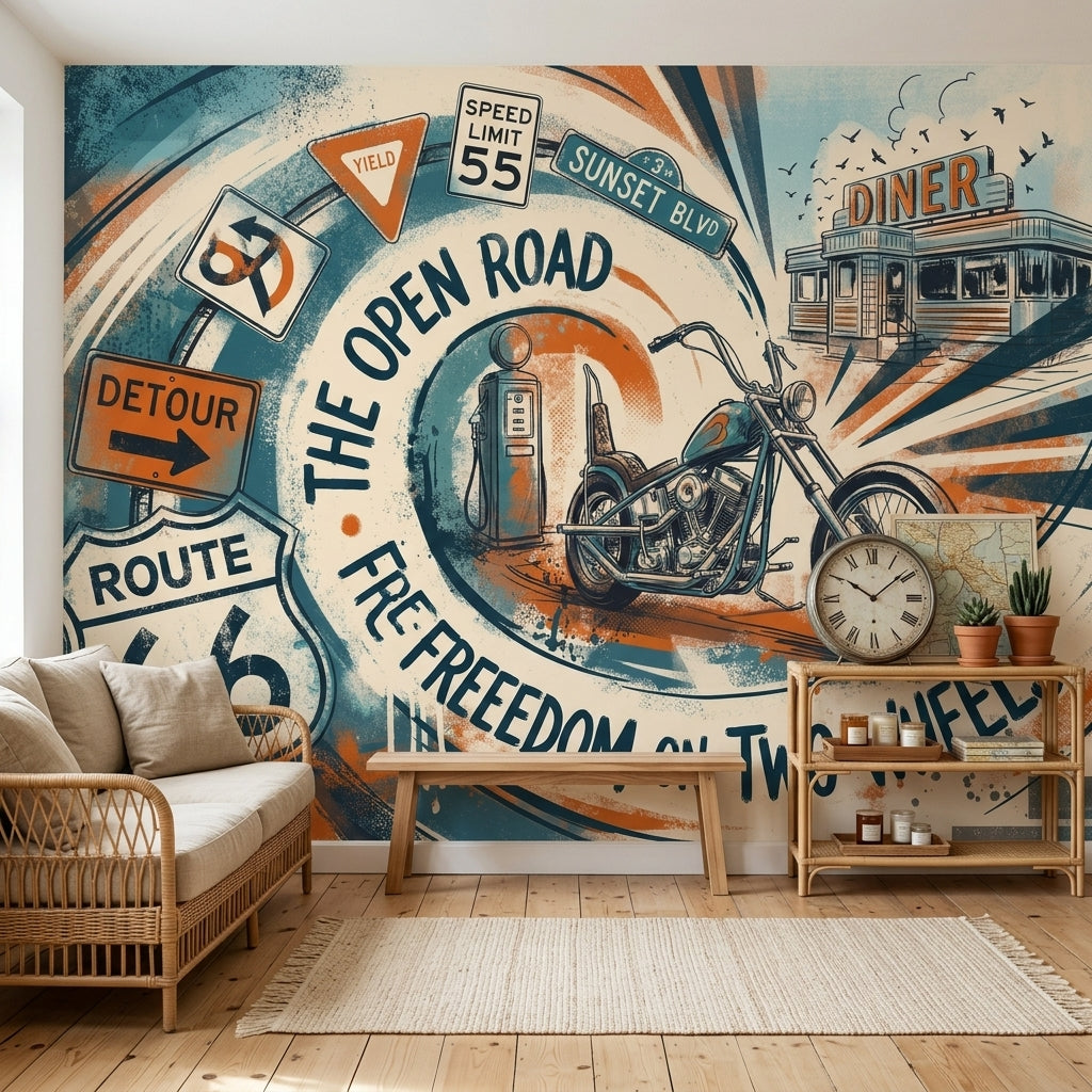 Motosikletli Retro Yol Poster Duvar Kağıdı Turuncu Mavi