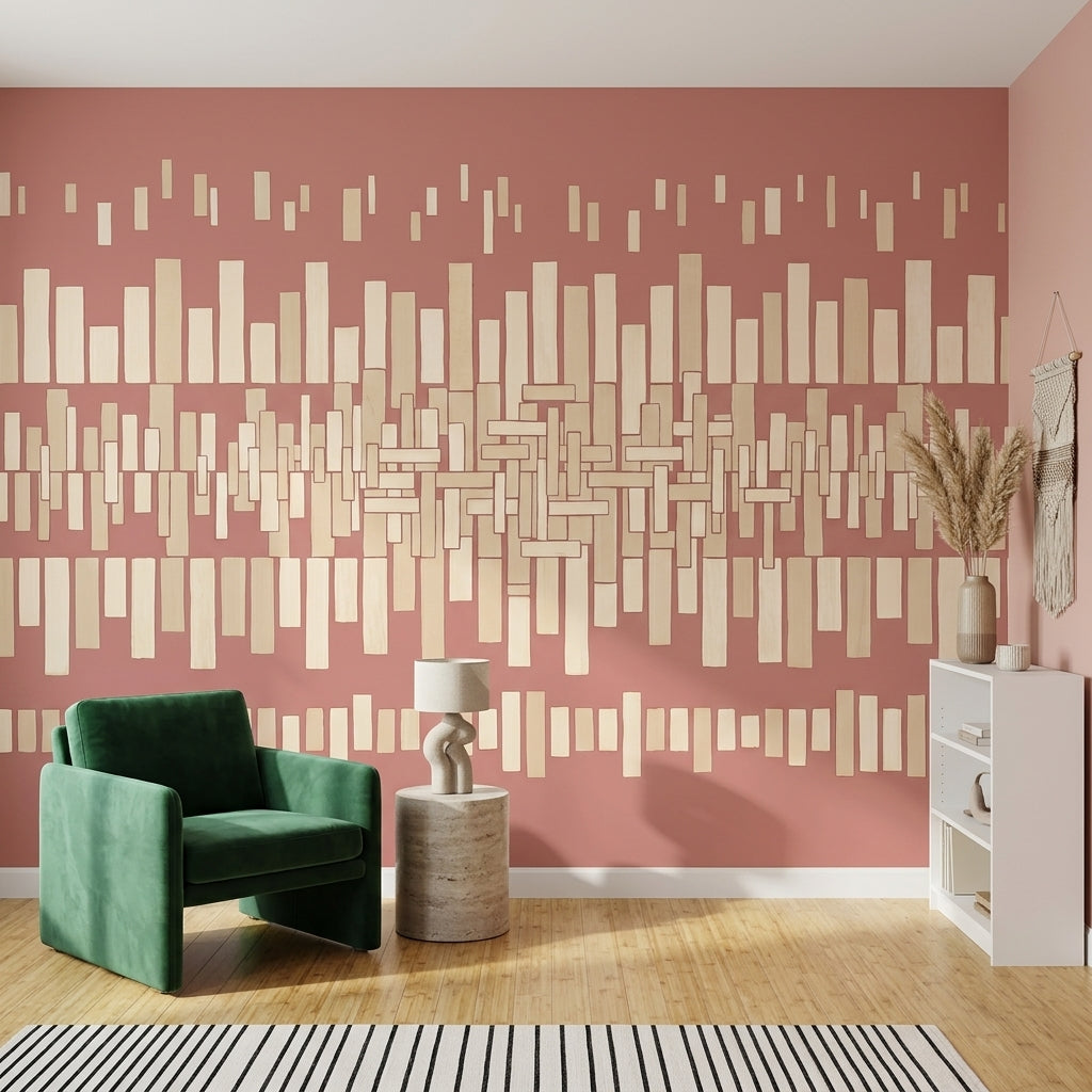 Geometrik Çubuk Desenli Poster Duvar Kağıdı Pudra Pembe Yatak Odası