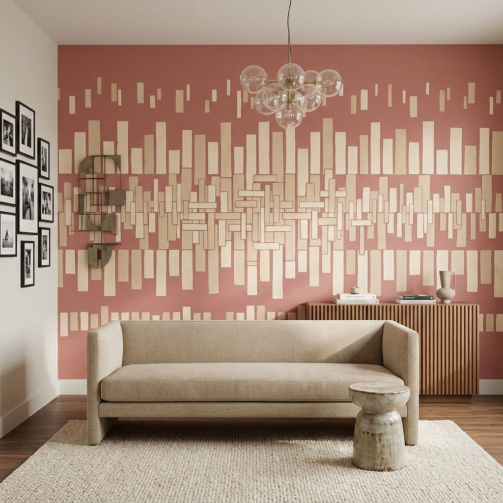 Geometrik Çubuk Desenli Poster Duvar Kağıdı Pudra Pembe Yatak Odası