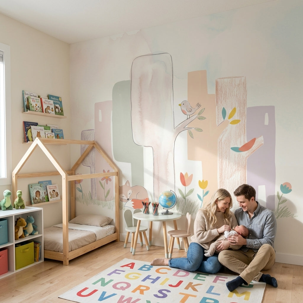 Orman Hayvanlı Poster Duvar Kağıdı Pastel Çocuk Odası Desenli