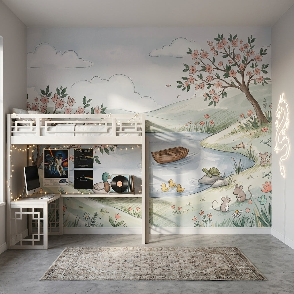 Göl Manzaralı Çiçekli Poster Duvar Kağıdı Bebek Odası Pastel