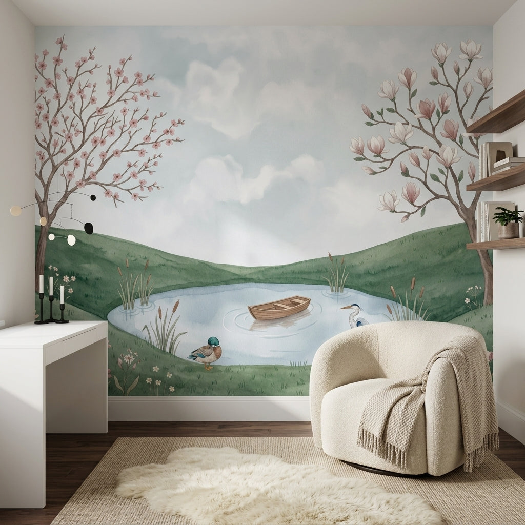 Gölet Manzaralı Poster Duvar Kağıdı Pastel Doğa Çocuk Odası