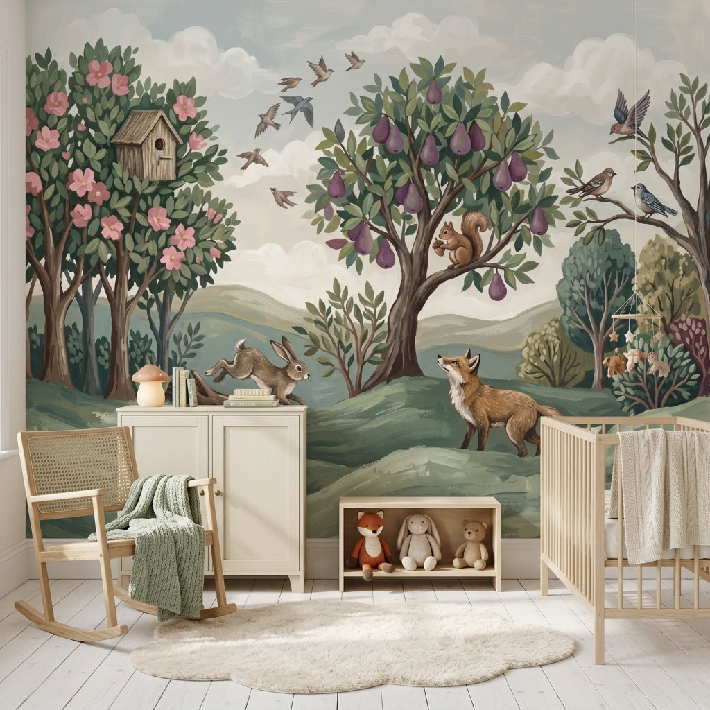 Orman Hayvanlı Poster Duvar Kağıdı Yeşil Çocuk Odası