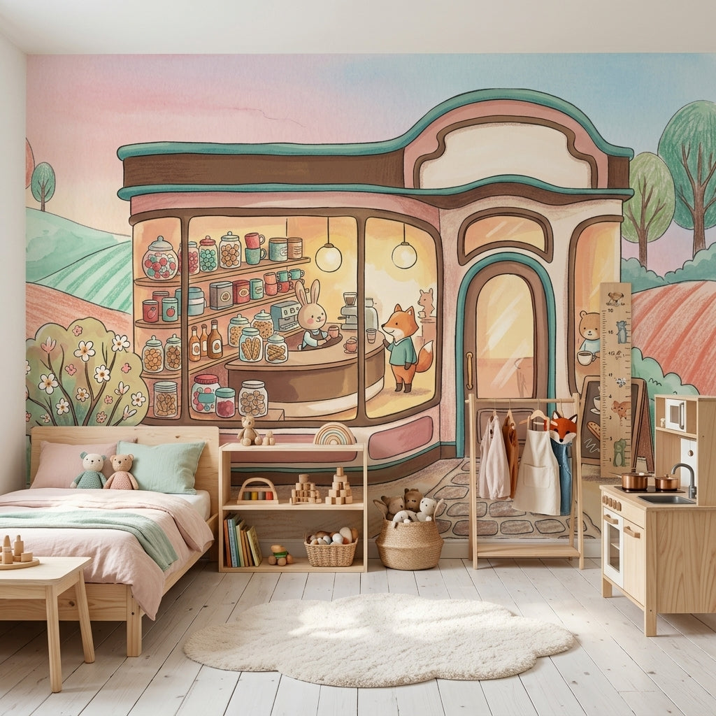 Sevimli Kafe İllüstrasyonlu Poster Duvar Kağıdı Pastel Çocuk Odası