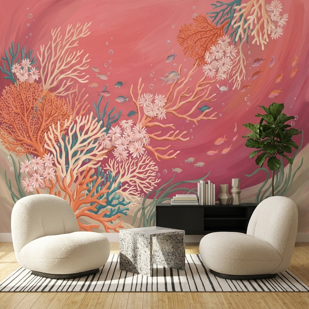 Mercan Resifli Poster Duvar Kağıdı Pembe Deniz Temalı Salon