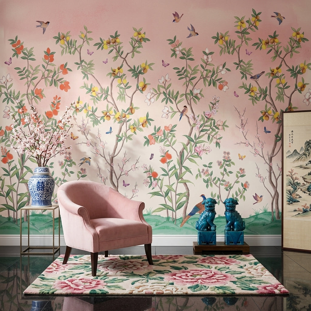 Kuşlu Çiçekli Ağaçlar Poster Duvar Kağıdı Pastel Pembe Salon