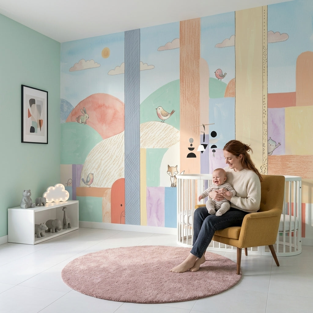 Pastel Orman Hayvanlı Poster Duvar Kağıdı Çocuk Odası Desenli