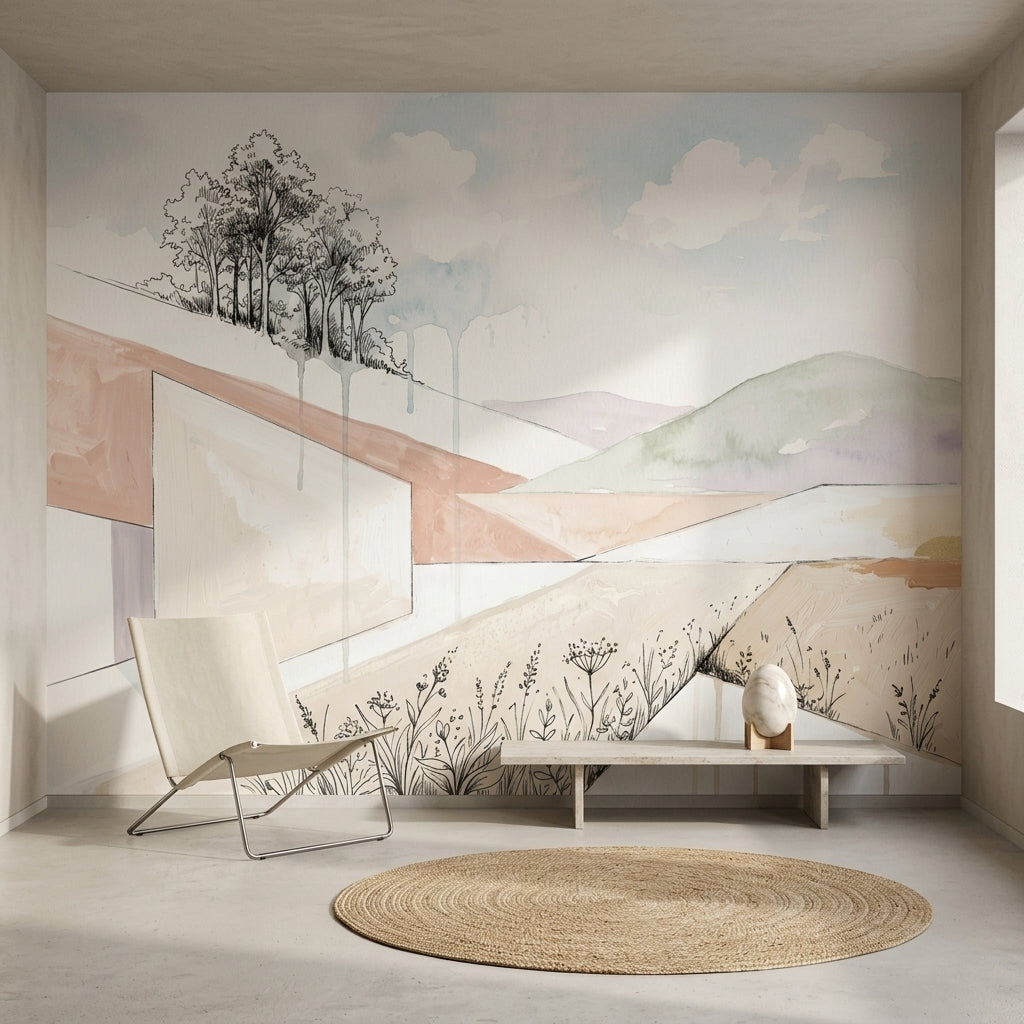Pastel Manzaralı Poster Duvar Kağıdı Minimalist Dağ ve Ağaç Desenli