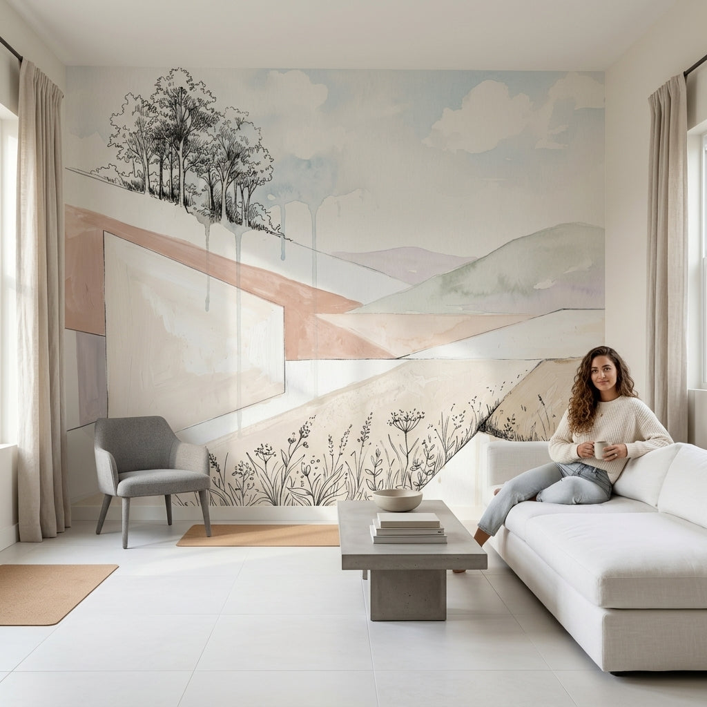 Pastel Manzaralı Poster Duvar Kağıdı Minimalist Dağ ve Ağaç Desenli