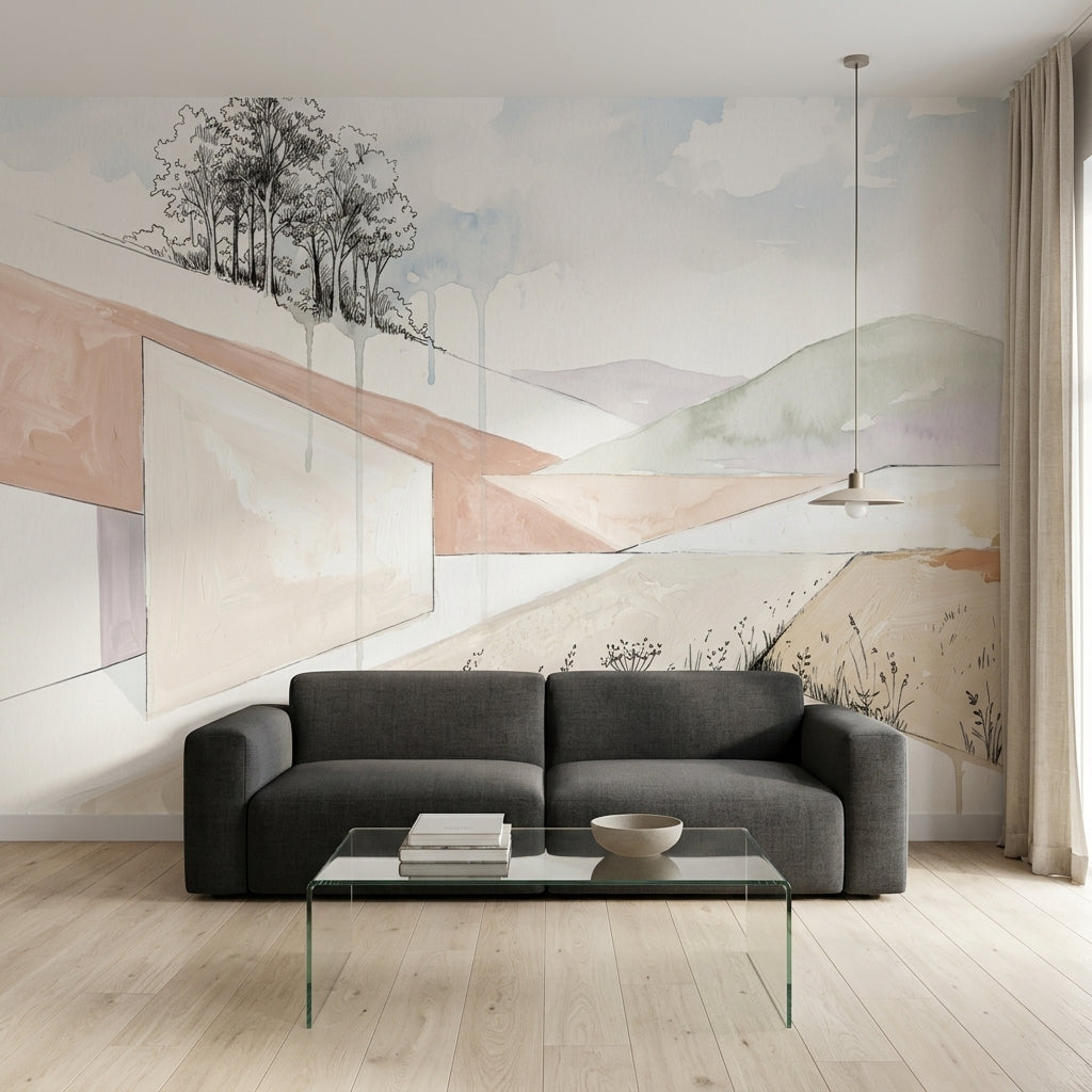 Pastel Manzaralı Poster Duvar Kağıdı Minimalist Dağ ve Ağaç Desenli