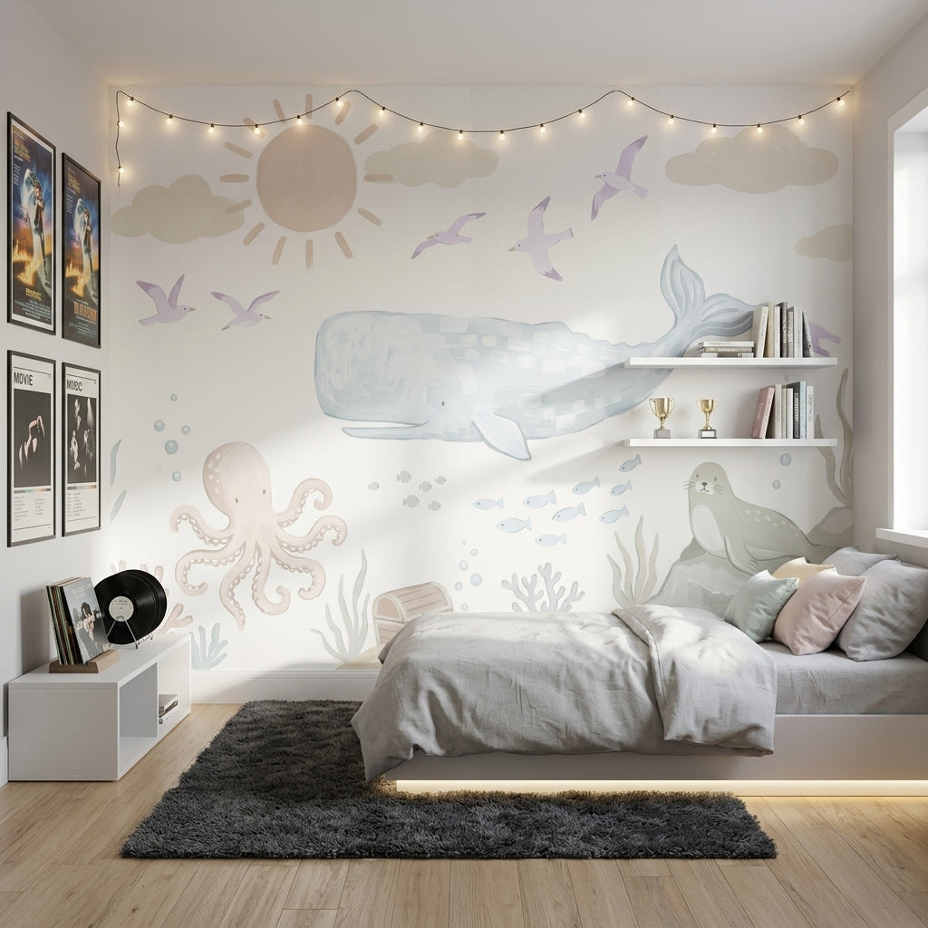 Deniz Temalı Balina Poster Duvar Kağıdı Pastel Çocuk Odası
