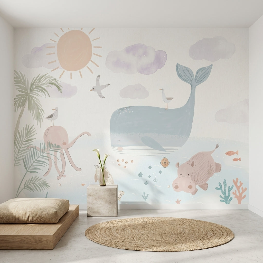 Balina ve Hayvanlı Poster Duvar Kağıdı Pastel Bebek Odası