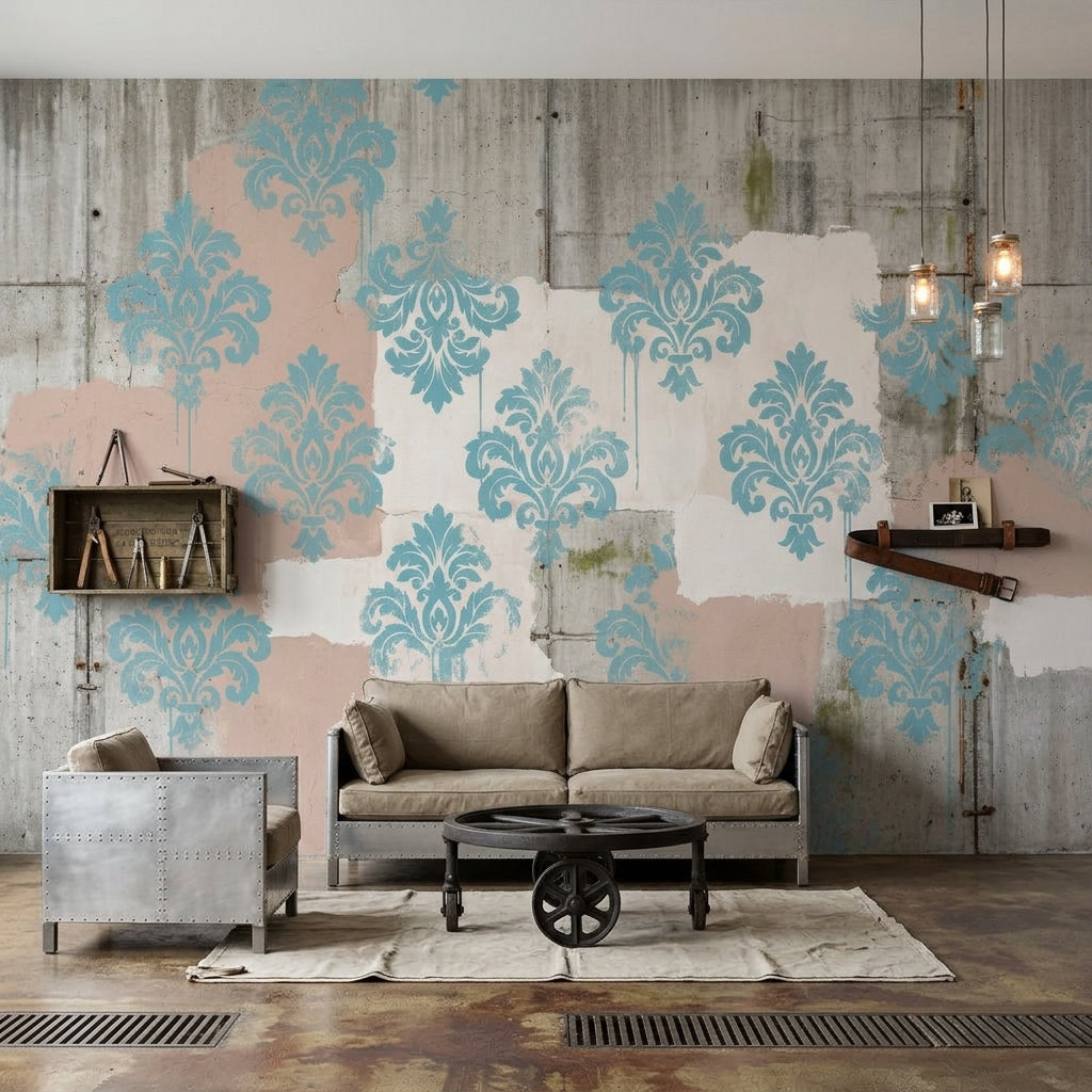 Damask Desenli Poster Duvar Kağıdı Mavi Gri Endüstriyel Salon
