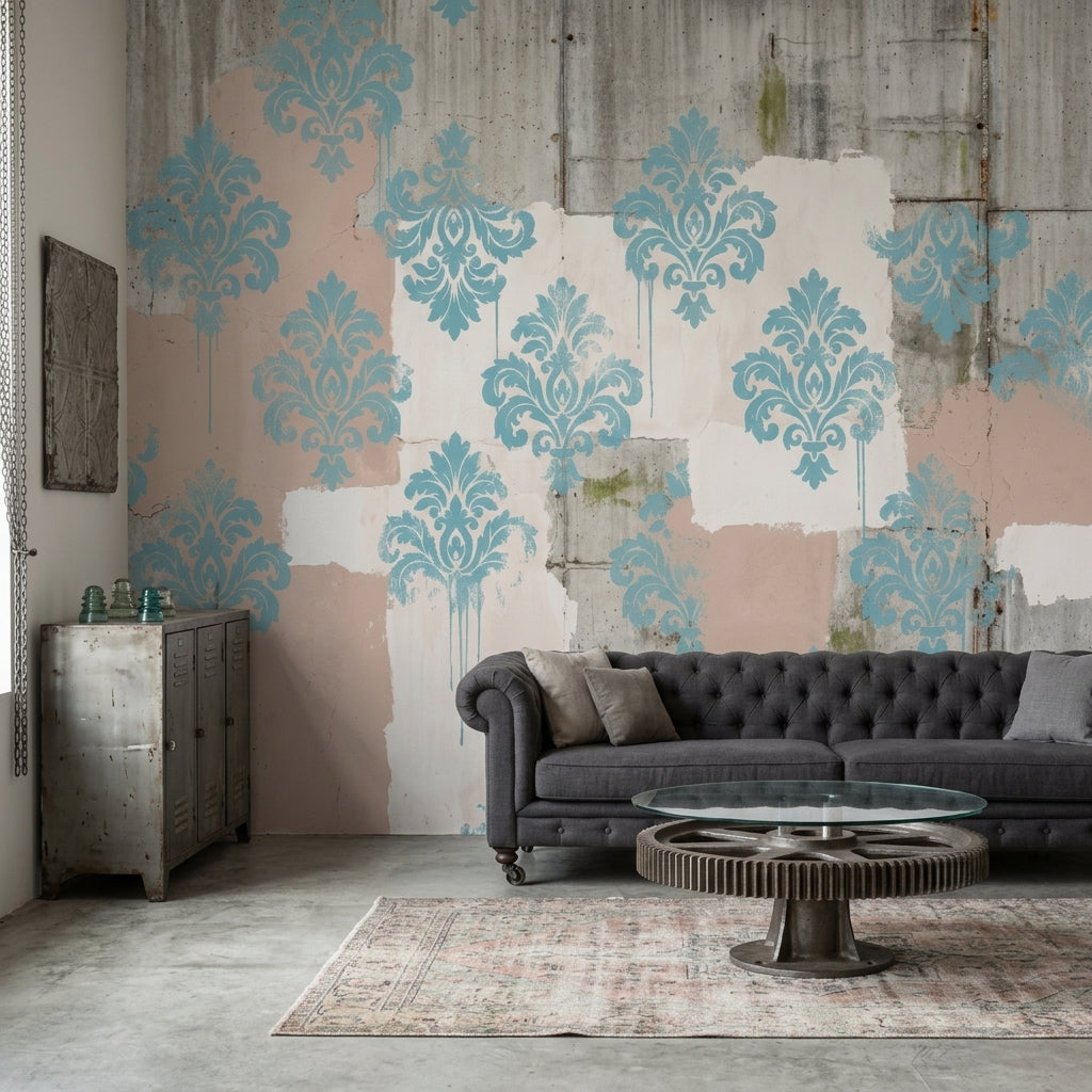Damask Desenli Poster Duvar Kağıdı Mavi Gri Endüstriyel Salon
