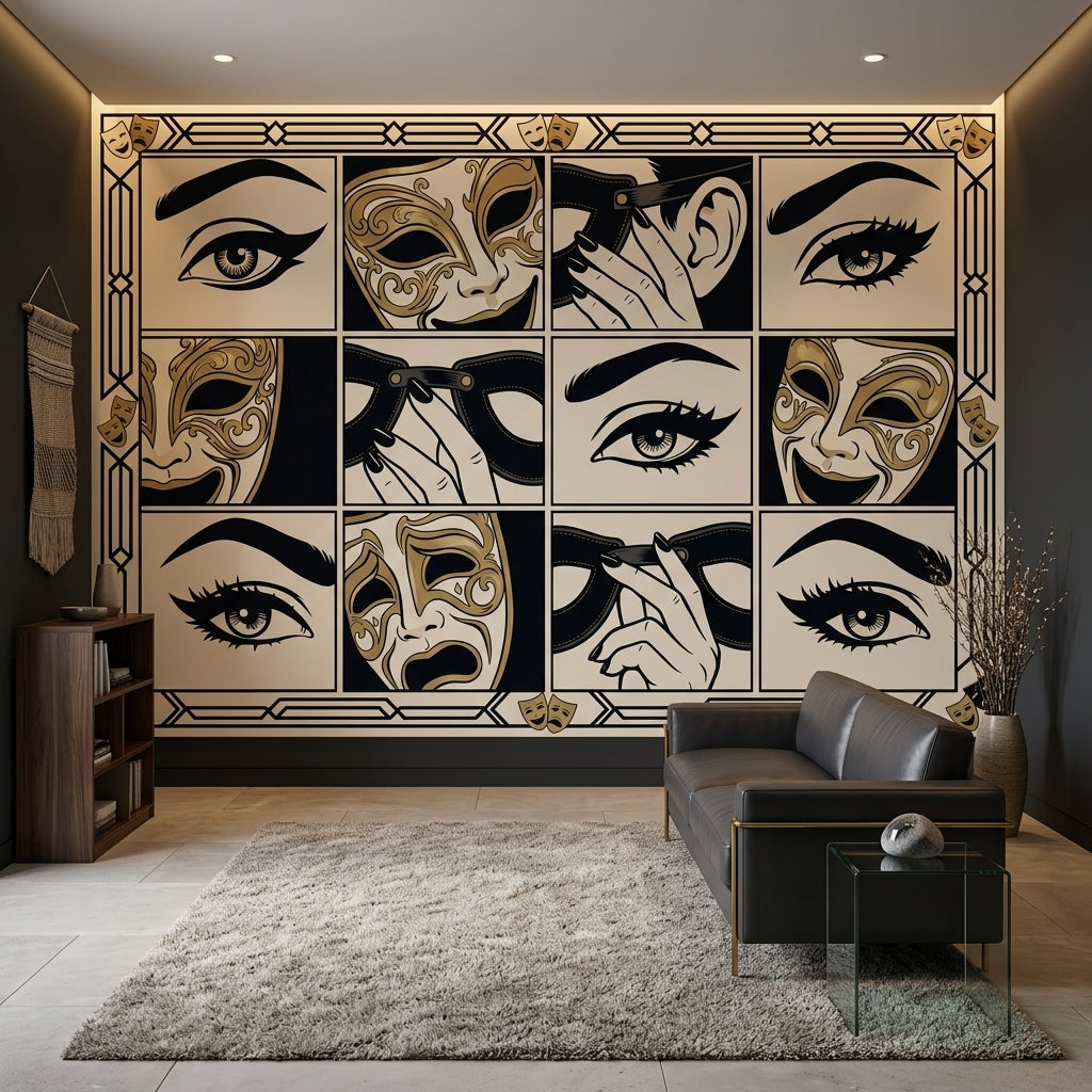 Venedik Maskeli Poster Duvar Kağıdı Siyah Altın Art Deco
