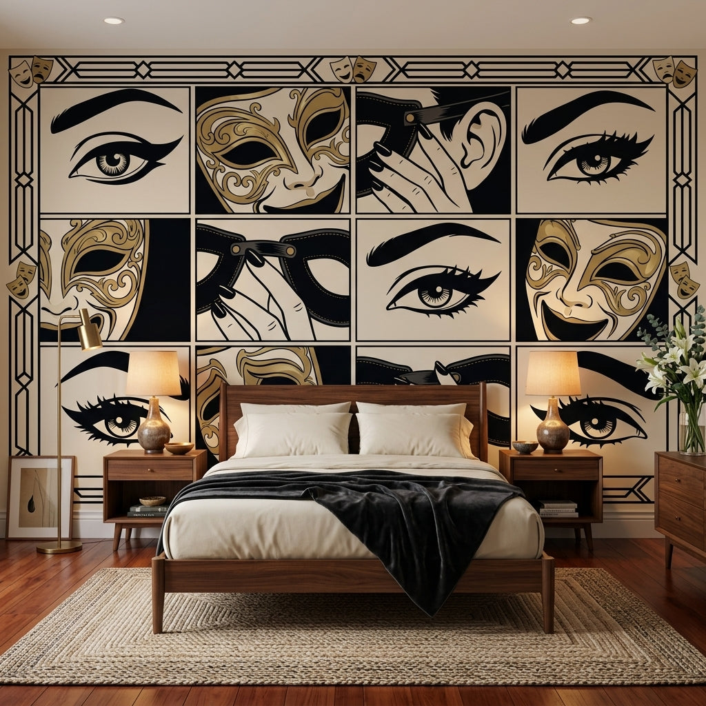 Venedik Maskeli Poster Duvar Kağıdı Siyah Altın Art Deco