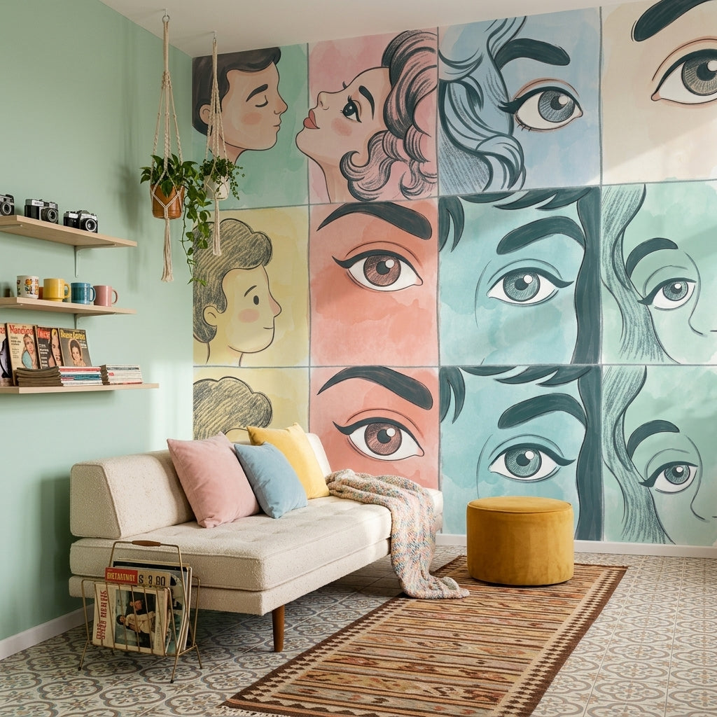 Pop Art Yüz İllüstrasyonlu Poster Duvar Kağıdı Pastel Salon