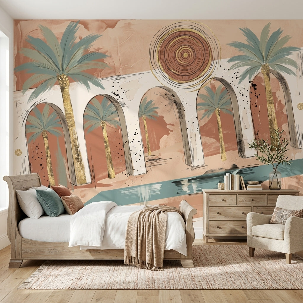 Palmiye ve Kemerli Mimari Poster Duvar Kağıdı Bohem Salon