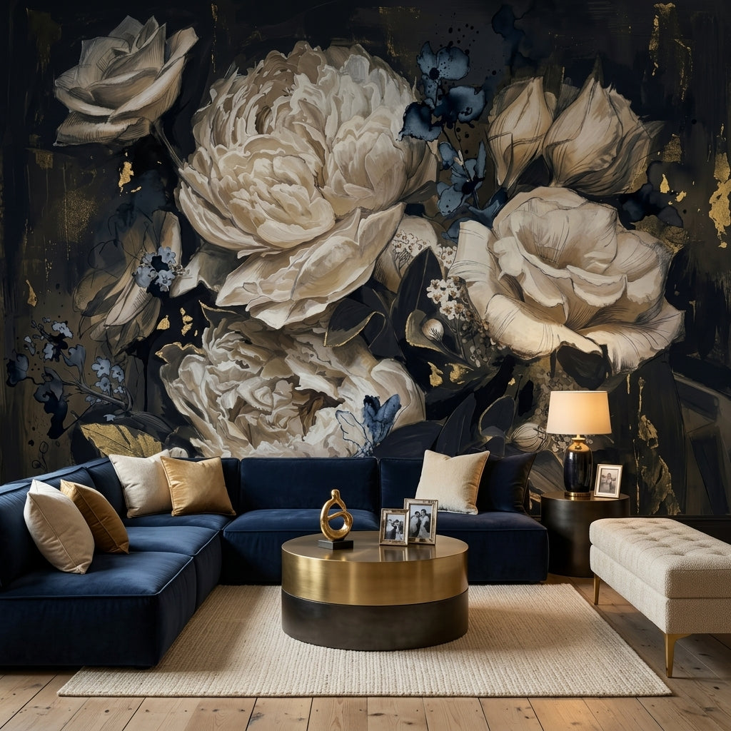 Koyu Zeminde Büyük Çiçekli Poster Duvar Kağıdı Salon