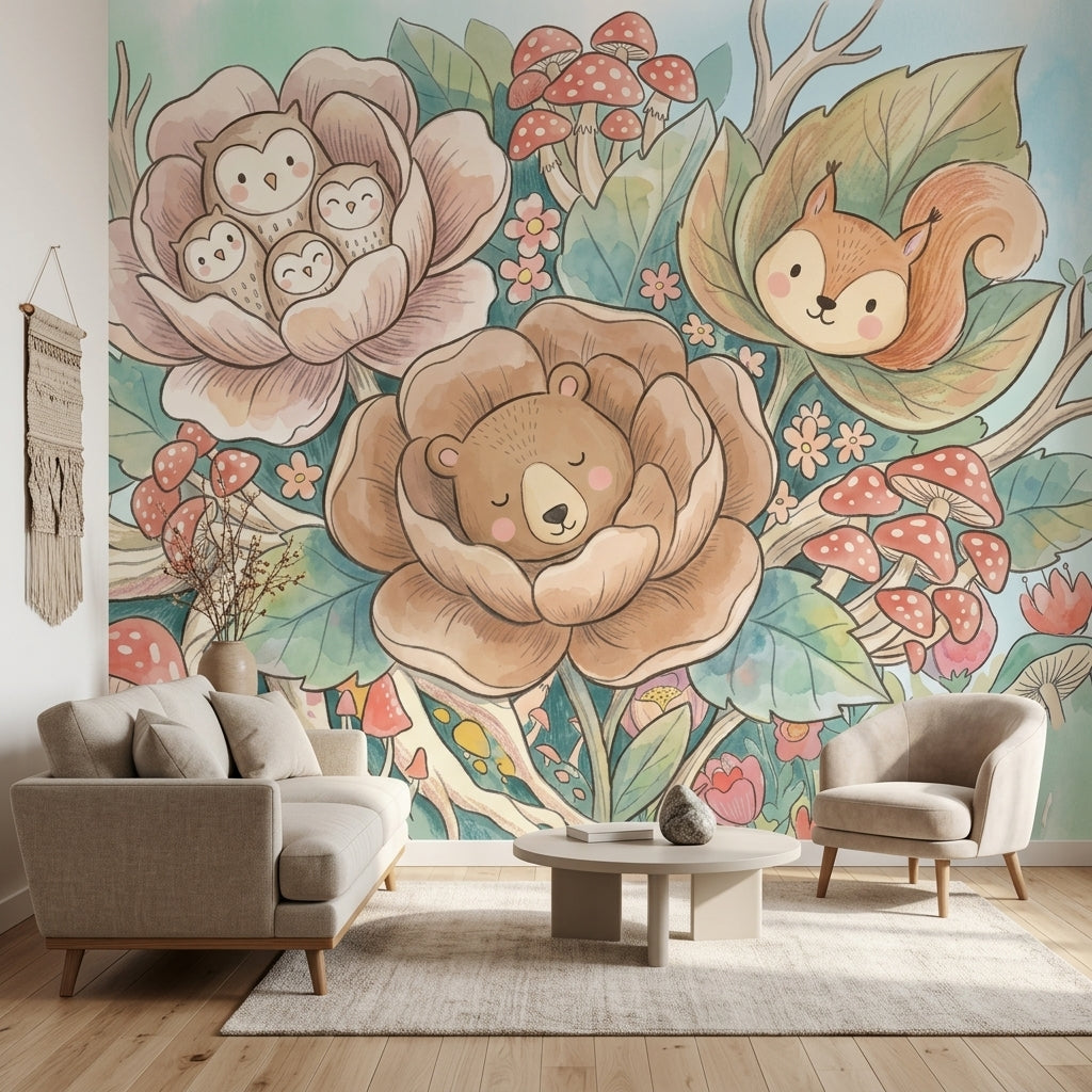 Orman Hayvanlı Poster Duvar Kağıdı Pastel Çocuk Odası