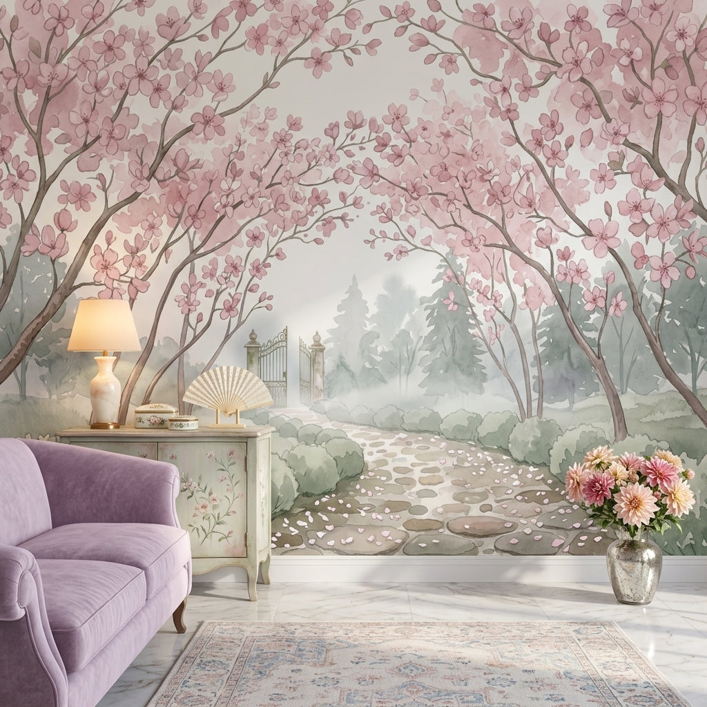 Sakura Çiçekli Poster Duvar Kağıdı Pudra Pembe Yatak Odası