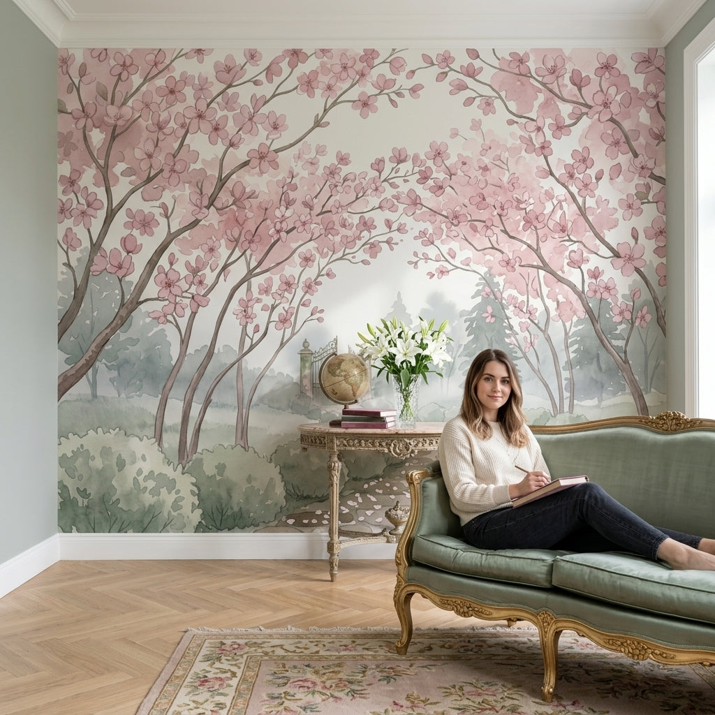 Sakura Çiçekli Poster Duvar Kağıdı Pudra Pembe Yatak Odası