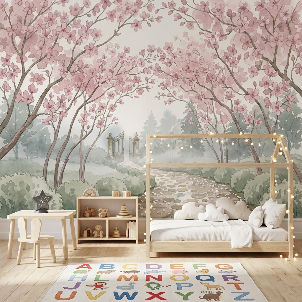 Sakura Çiçekli Poster Duvar Kağıdı Pudra Pembe Yatak Odası