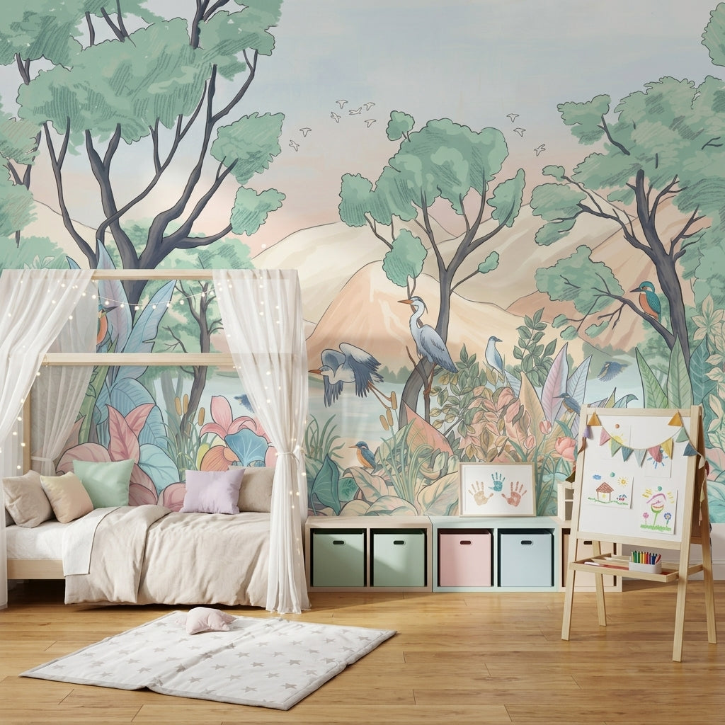 Pastel Orman ve Kuşlar Poster Duvar Kağıdı Salon