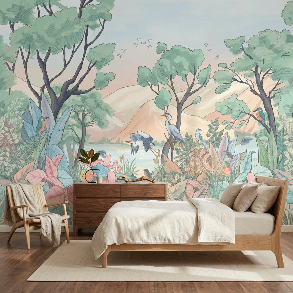 Pastel Orman ve Kuşlar Poster Duvar Kağıdı Salon