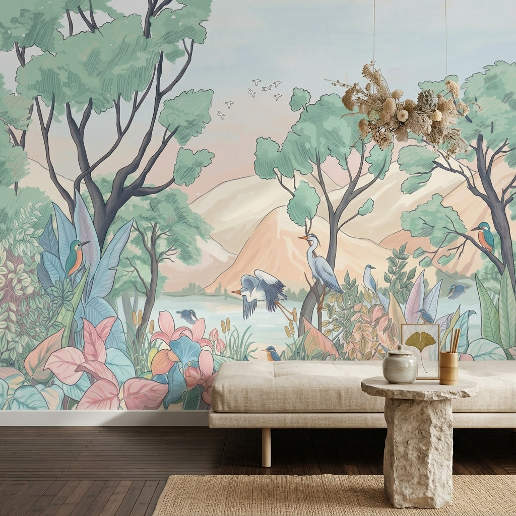 Pastel Orman ve Kuşlar Poster Duvar Kağıdı Salon