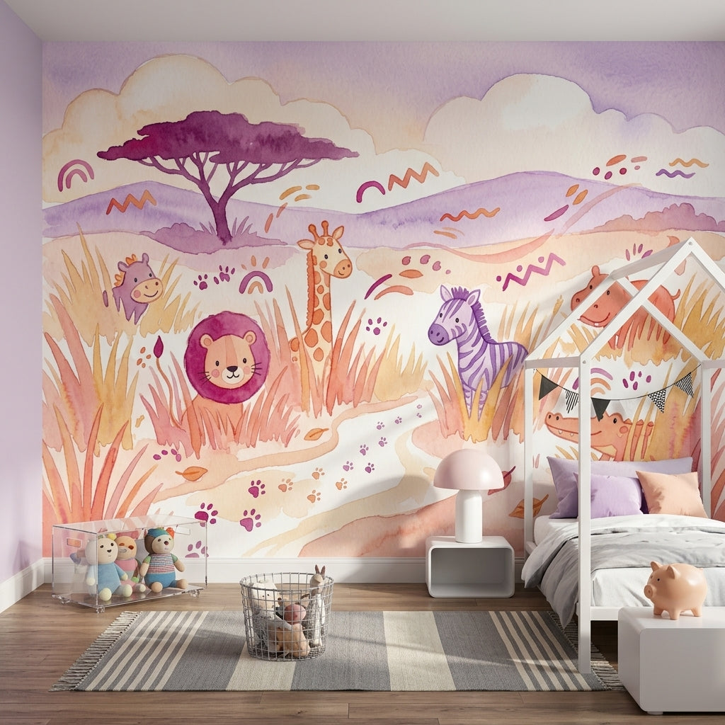 Safari Hayvanlı Poster Duvar Kağıdı Pastel Çocuk Odası