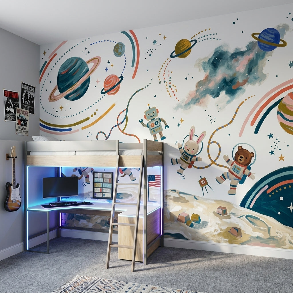 Astronotlu Uzay Poster Duvar Kağıdı Çocuk Odası Renkli