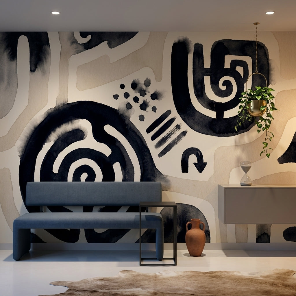 Siyah Bej Soyut Desenli Poster Duvar Kağıdı Modern Salon