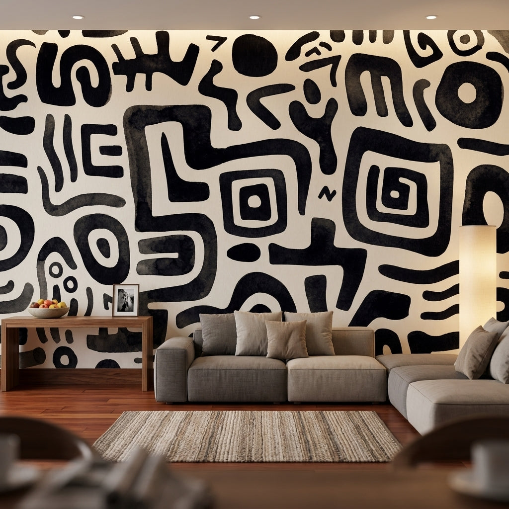 Siyah Beyaz Soyut Desenli Poster Duvar Kağıdı Modern Salon