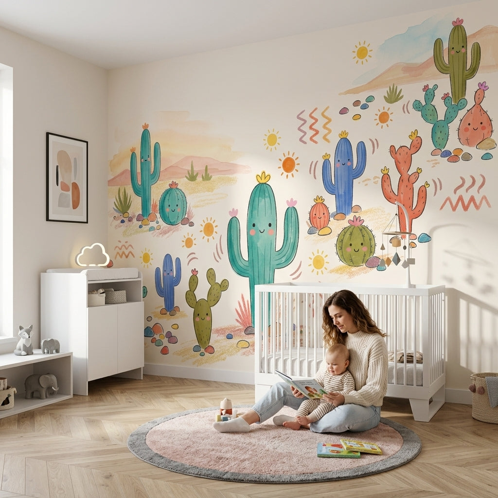 Sevimli Kaktüs Desenli Poster Duvar Kağıdı Pastel Çocuk Odası