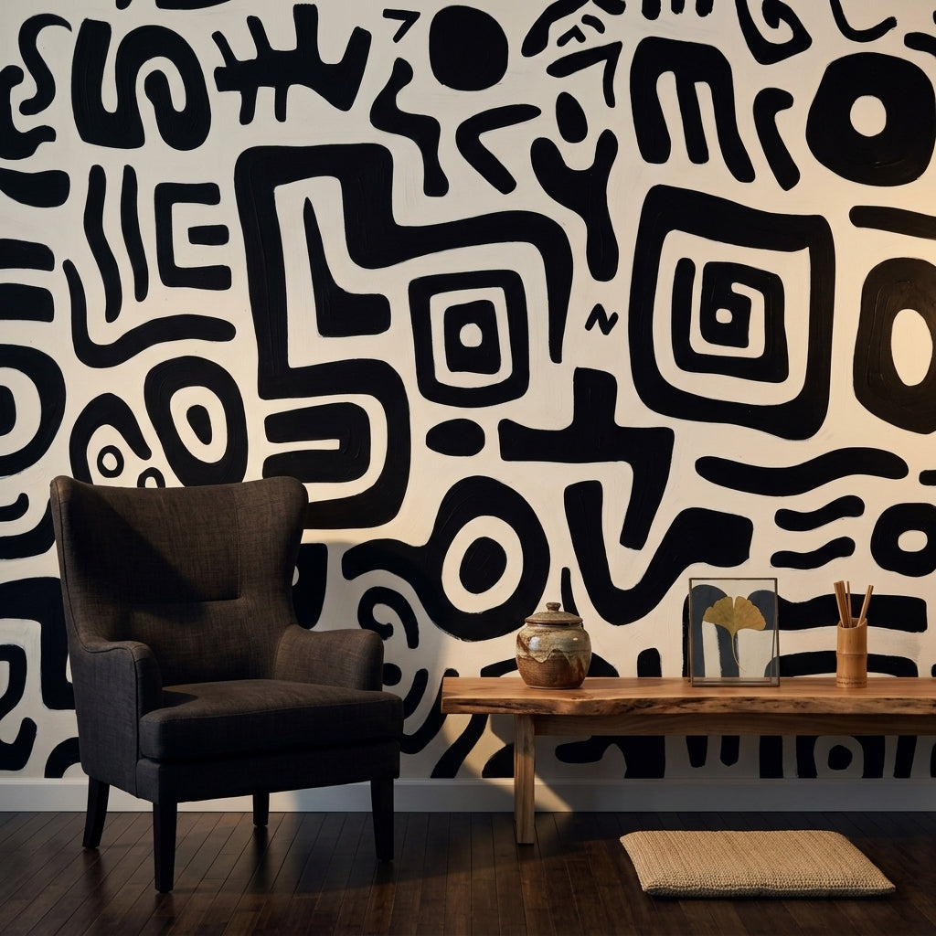 Siyah Beyaz Soyut Desenli Poster Duvar Kağıdı Modern Salon